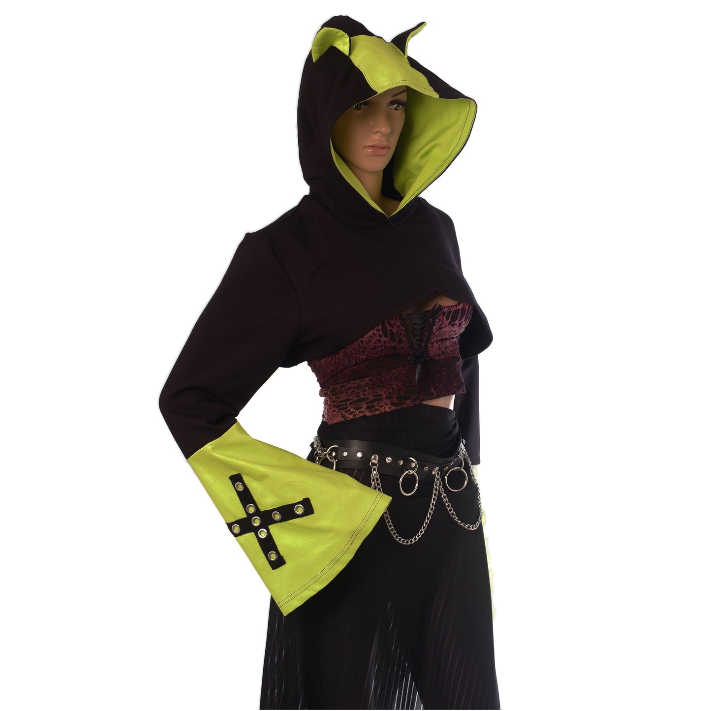 Oversized Shrug – Schwarz / Neon-Grün mit Katzenohren Einzelstück Größe M