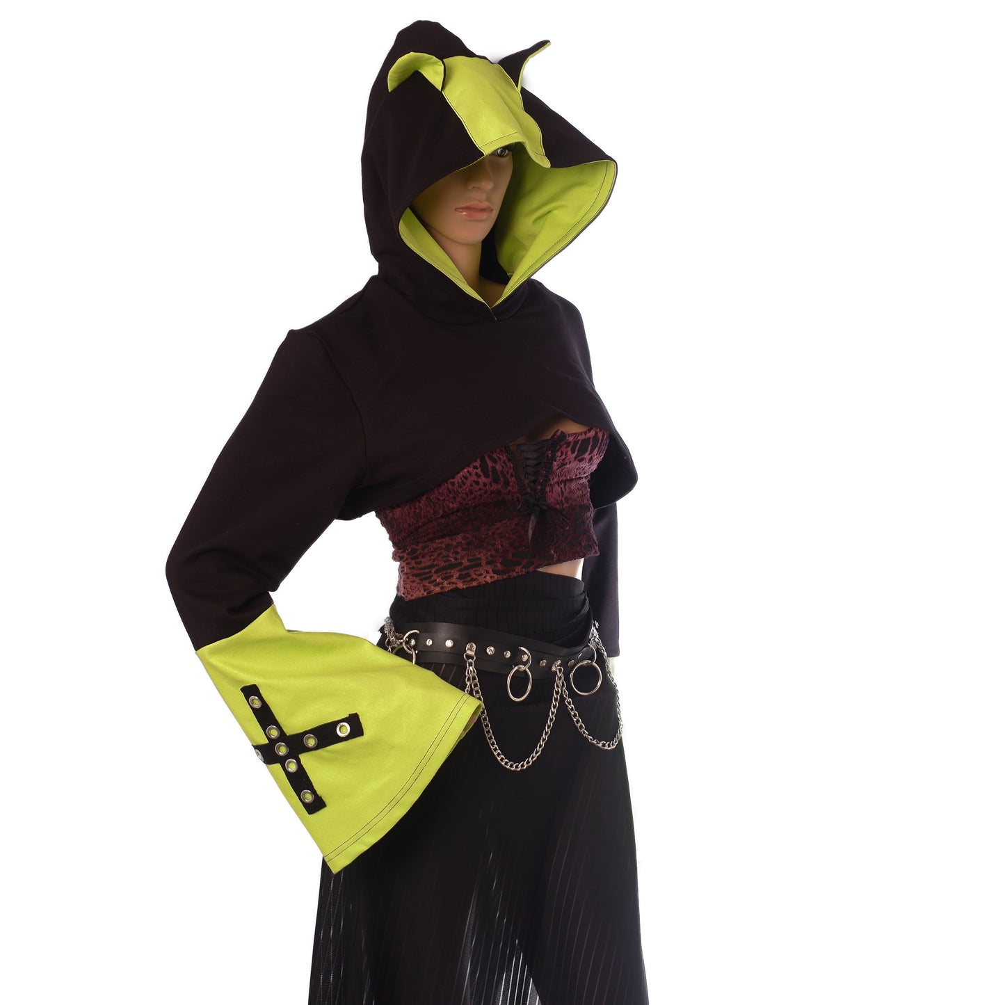 Oversized Shrug – Schwarz / Neon-Grün  mit Katzenohren  Einzelstück Größe M