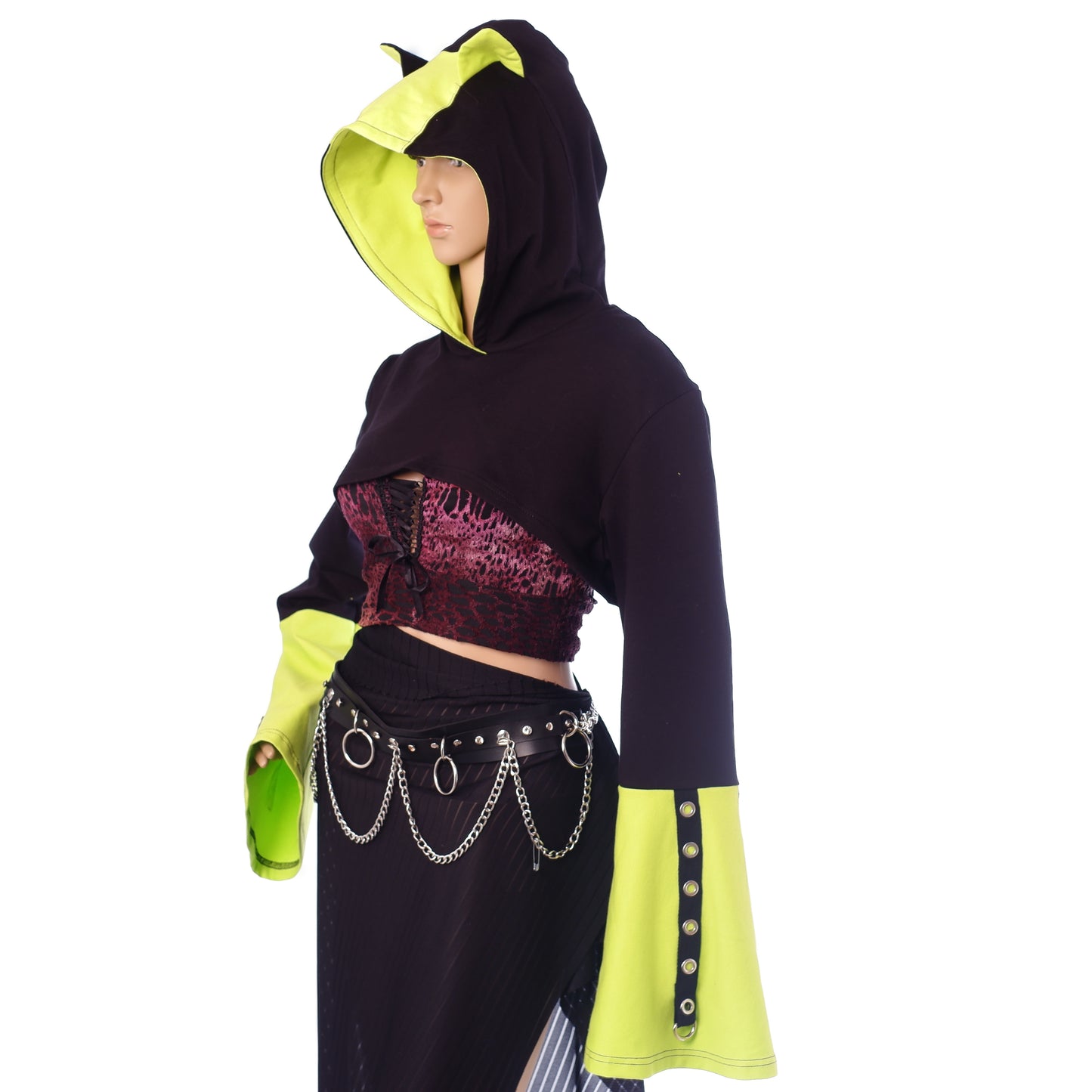 Oversized Shrug – Schwarz / Neon-Grün  mit Katzenohren  Einzelstück Größe M