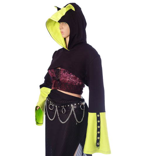 Oversized Shrug – Schwarz / Neon-Grün  mit Katzenohren  Einzelstück Größe M